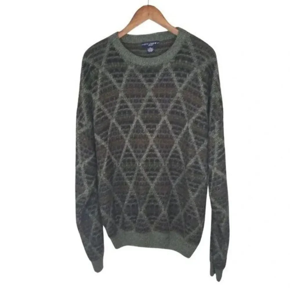 Vintage Ivy Crew Gray & Brown Diamond Print Crew Neck Grandpa Sweater Sz XL